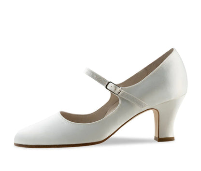 Elegant witte Mary Jane-hak met verstelbare gespsluiting en comfortabele 6 cm hak voor stabiliteit.