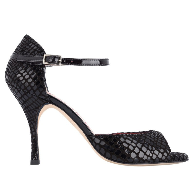 Elegant black python print high heel shoe with open toe and adjustable ankle strap.