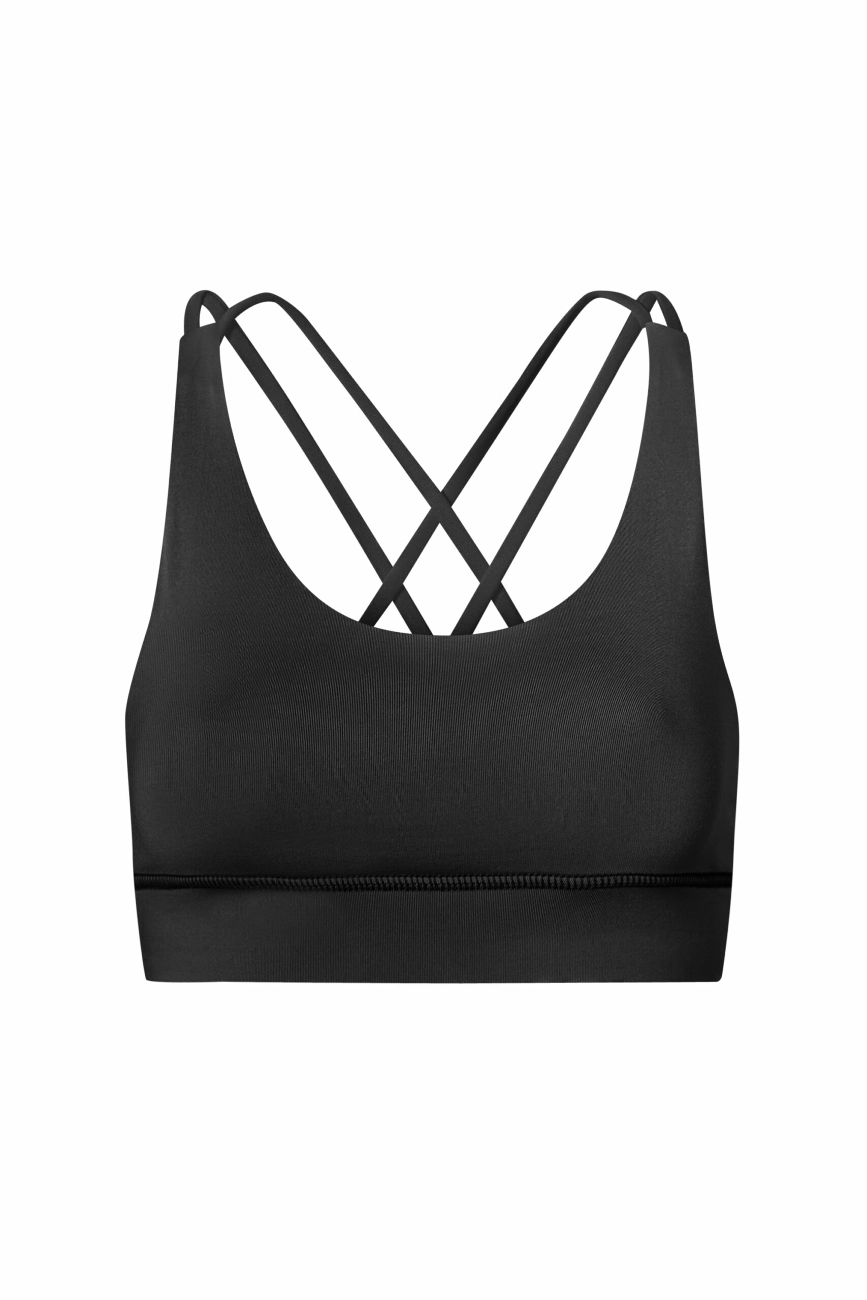 Hey Honey Yoga Criss-Cross Bra in black, featuring soft elastic fabric and stylish criss-cross back design for comfort and movement.