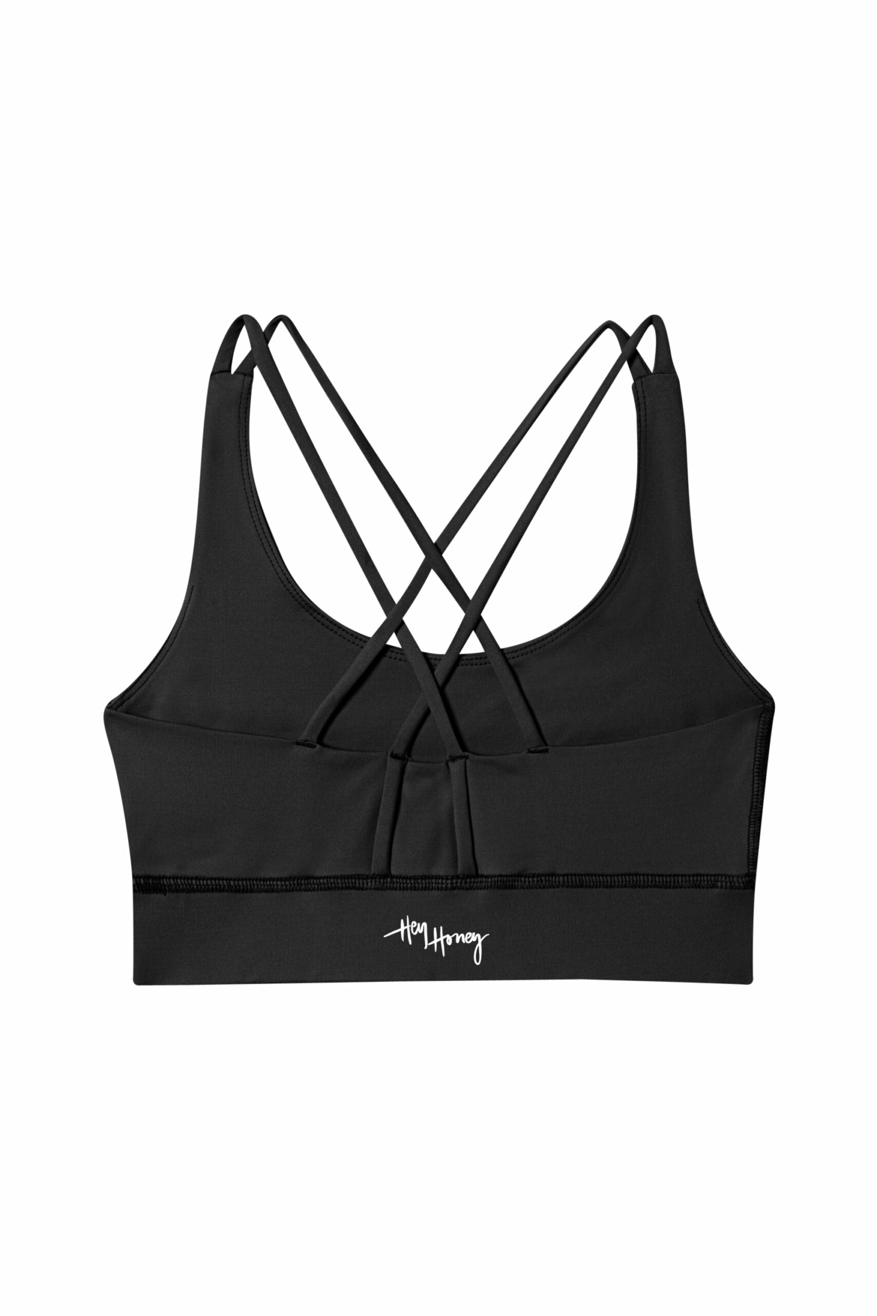 Hey Honey Yoga Criss-Cross Bra Black with stylish back design for comfort in yoga and fitness.