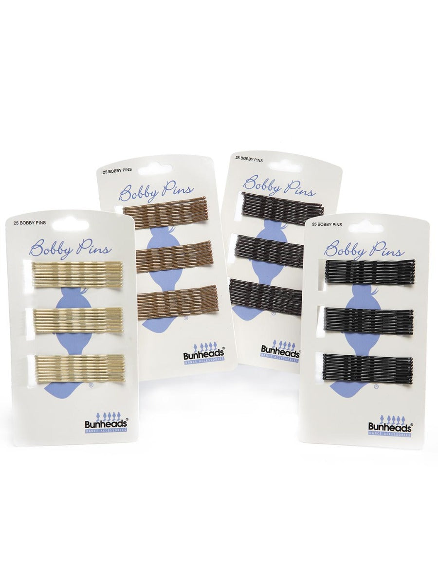 Assortiment van bobby pins van Bunheads, verpakt in vier kleuren voor veelzijdig gebruik en betrouwbare fixatie.