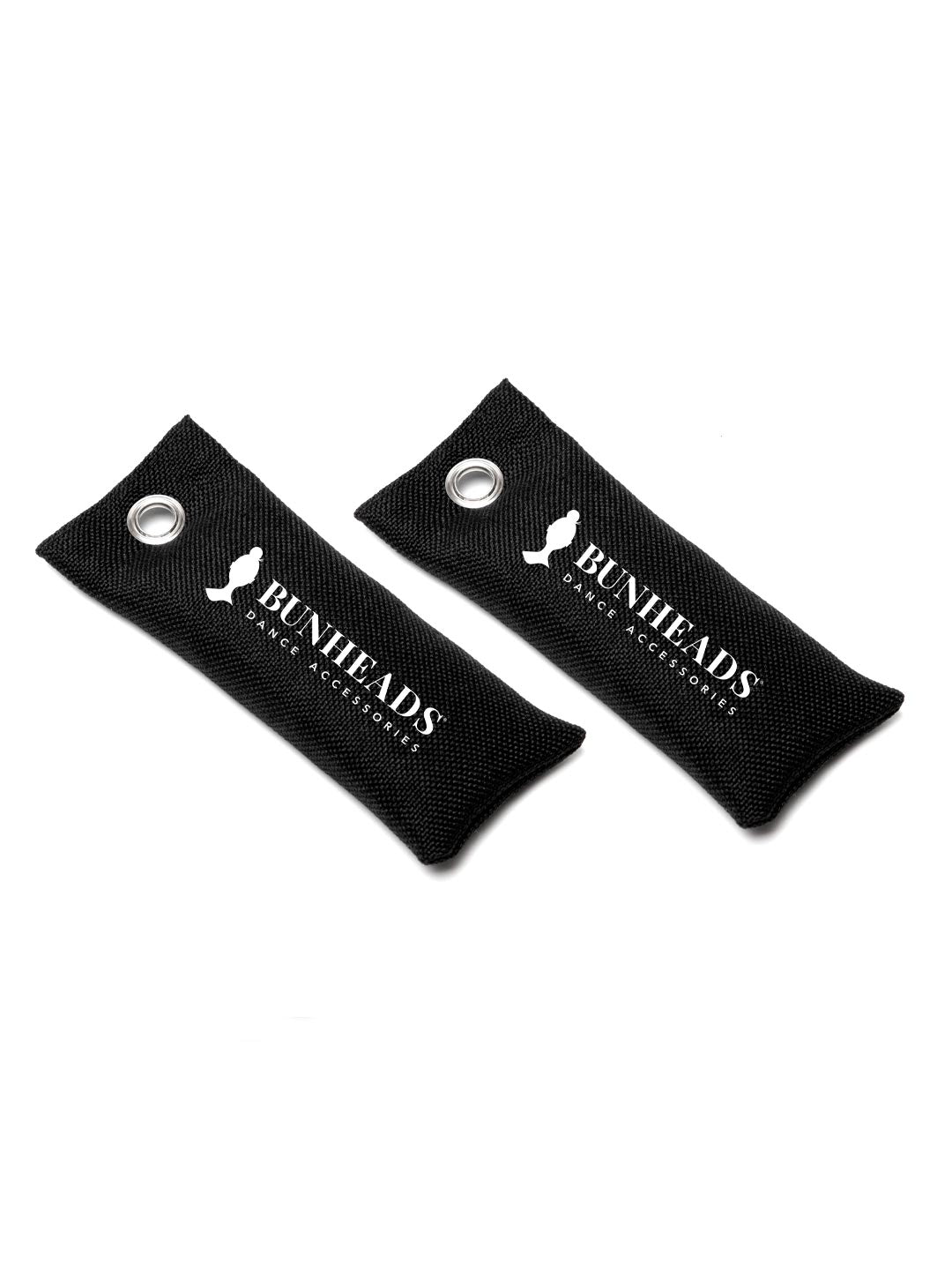 Two black fabric deodorizing pouches from Bunheads designed for moisture and odor absorption in dance shoes.