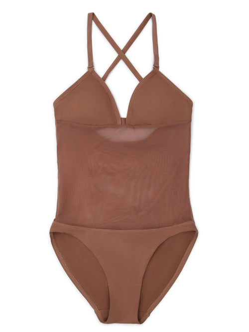 Plunge Neck Mesh Midriff Leotard - Girls