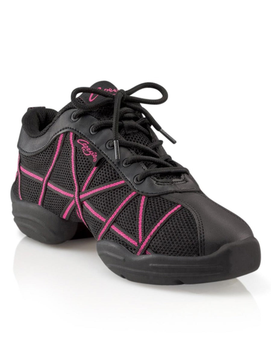 Capezio Web Danssneaker with black tech-mesh upper and pink accents for flexible dance movements.