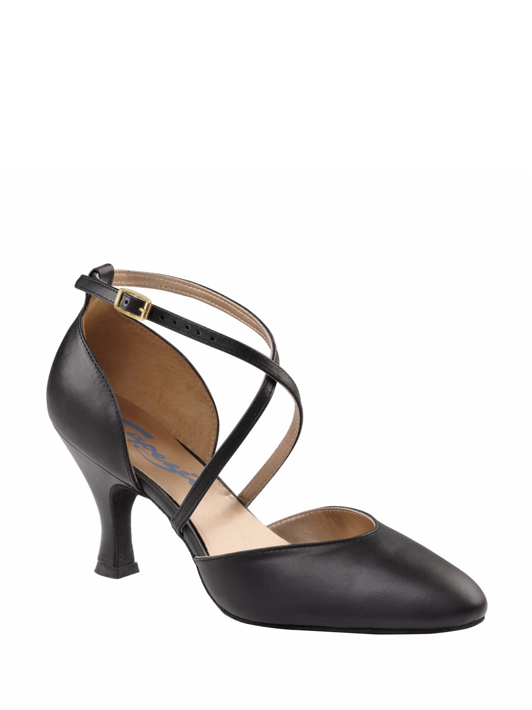 Capezio X-Strap Pump black dance shoe with 6.35 cm flare heel and X-strap design for stability and elegance.