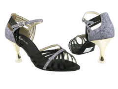 Very Fine CD3012 Black Satin & Grey Stardust dance shoes with gold flare heel and stylish design.