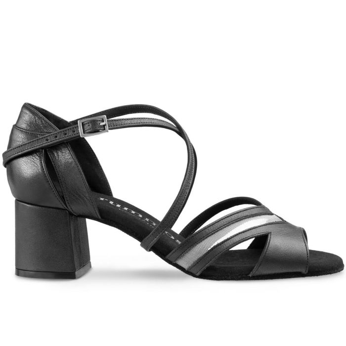 Rummos Doris elegant black Latin sandal with nubuck leather and supportive block heel for dancing comfort and stability.