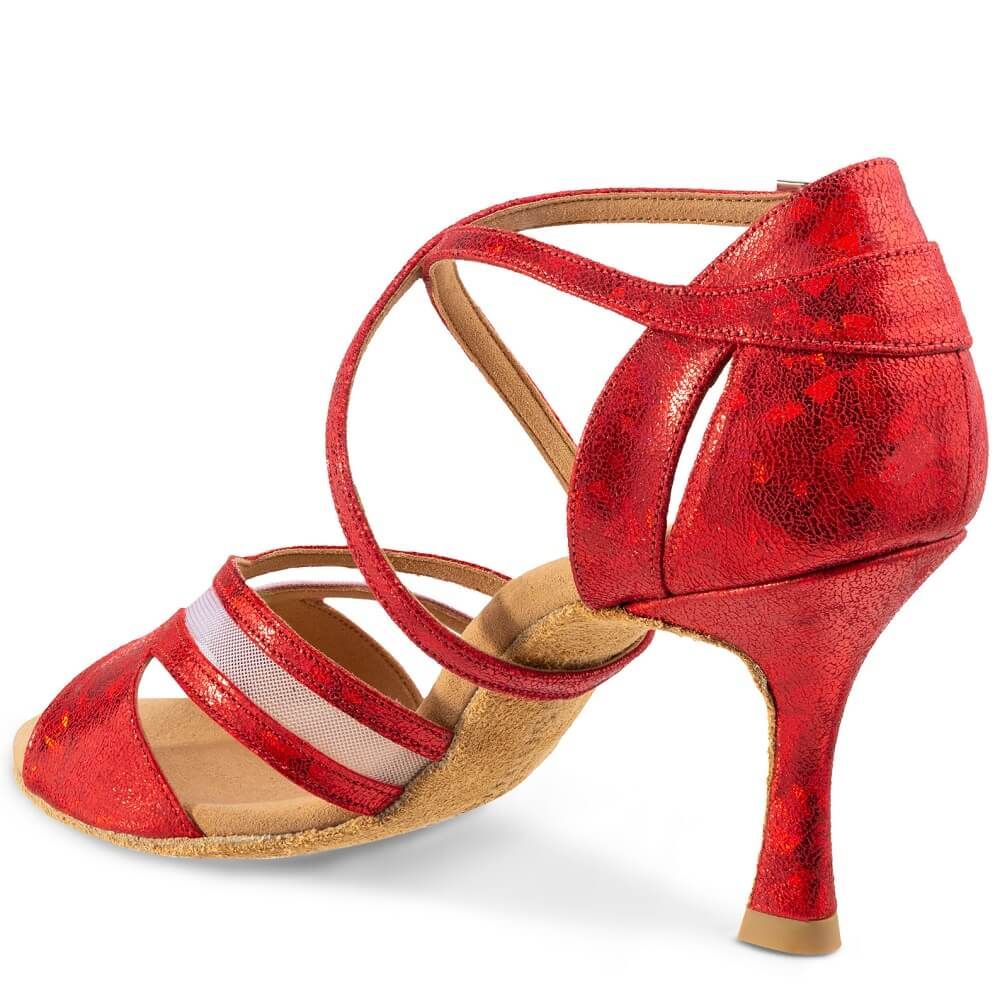 Elegante Rummos Doris Latin-sandaal in rood nubuckleer met comfortabele hak voor dansstijlen zoals salsa.