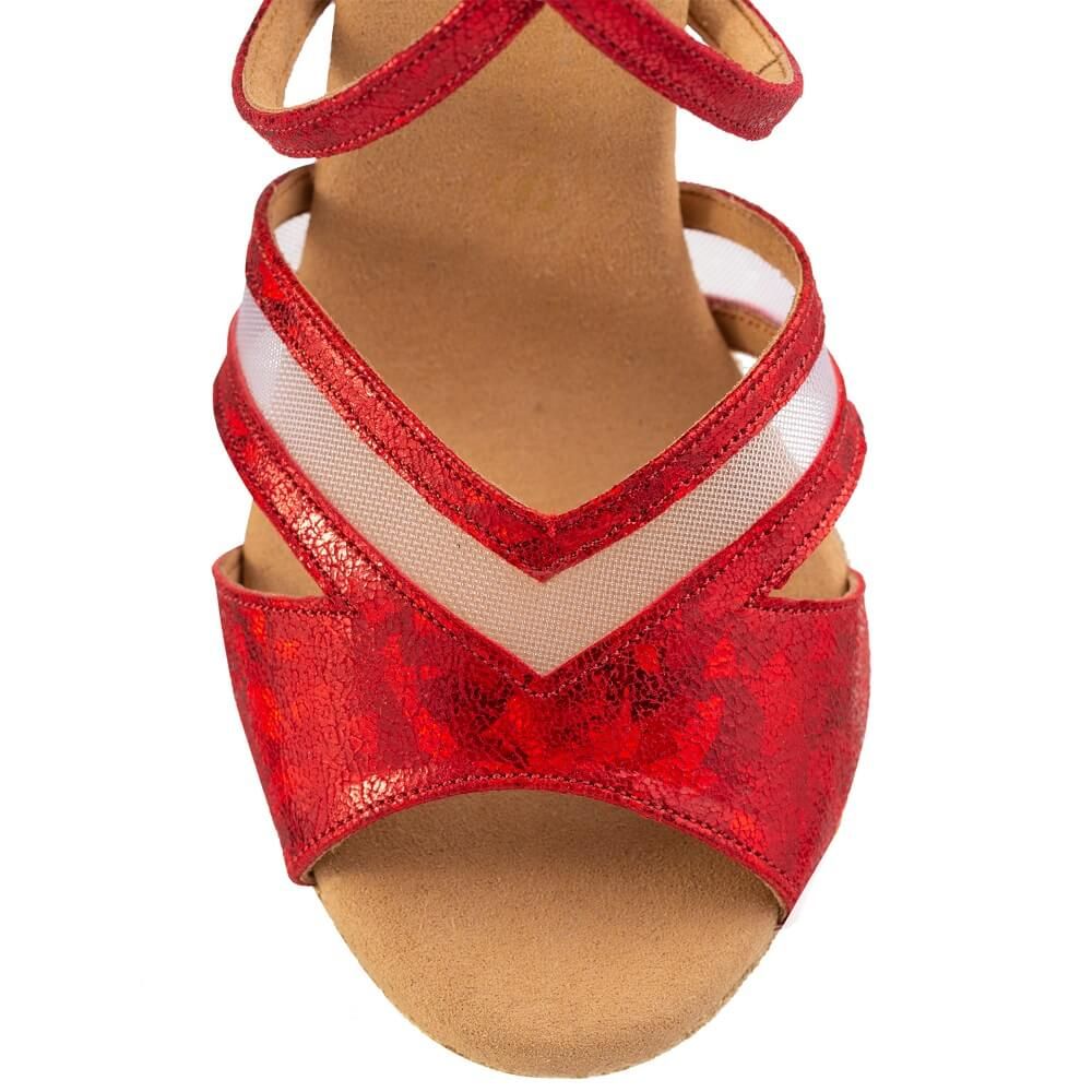 Elegante Rummos Doris latin-sandaal in rood nubuckleer met dubbele demping en uitstekende voetondersteuning.