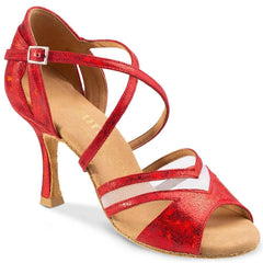 Elegant red Latin dance sandal with crisscross straps and a stylish heel, designed for comfort and stability.