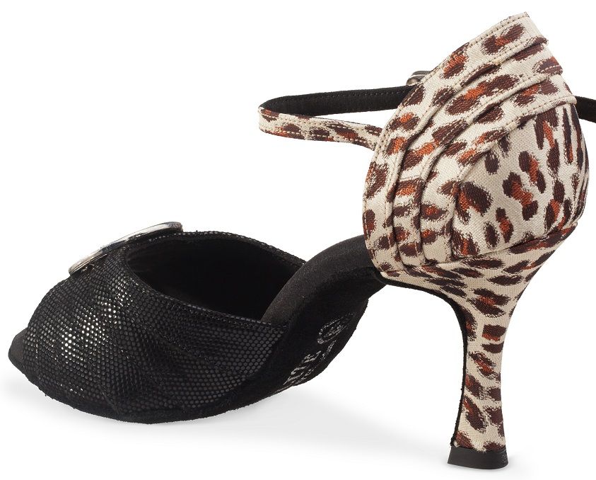 Elegant dance shoe with leopard print and black accents, ideal for Salsa, Tango, and Bachata.