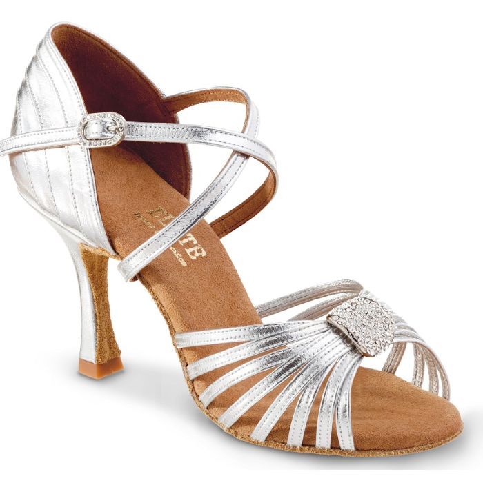 Rummos Elite Cristina silver dance shoes with elegant crystal details and adjustable ankle strap for comfort and style.