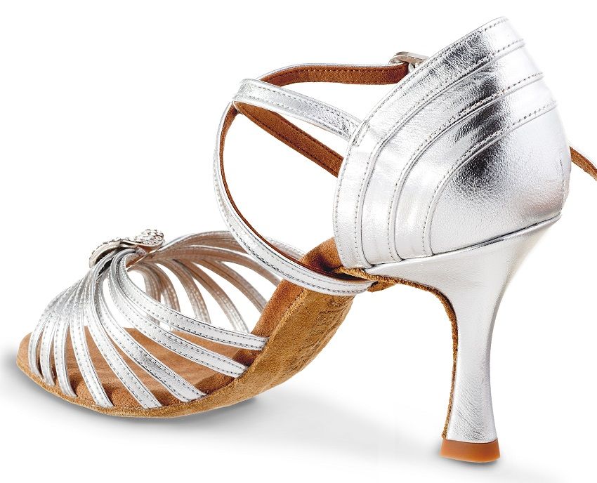 Professional silver Latin dance shoe Elite Cristina 009, hand-crafted with soft leather and designed for comfort and style.