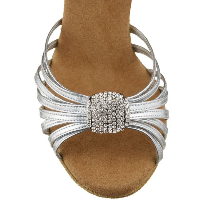 Elegant silver dance shoe with fine crystal details and adjustable straps for comfort and style.