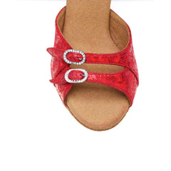 Elite Elena 038 red dance shoe with double buckles and soft cork sole, ideal for salsa, tango, and kizomba.