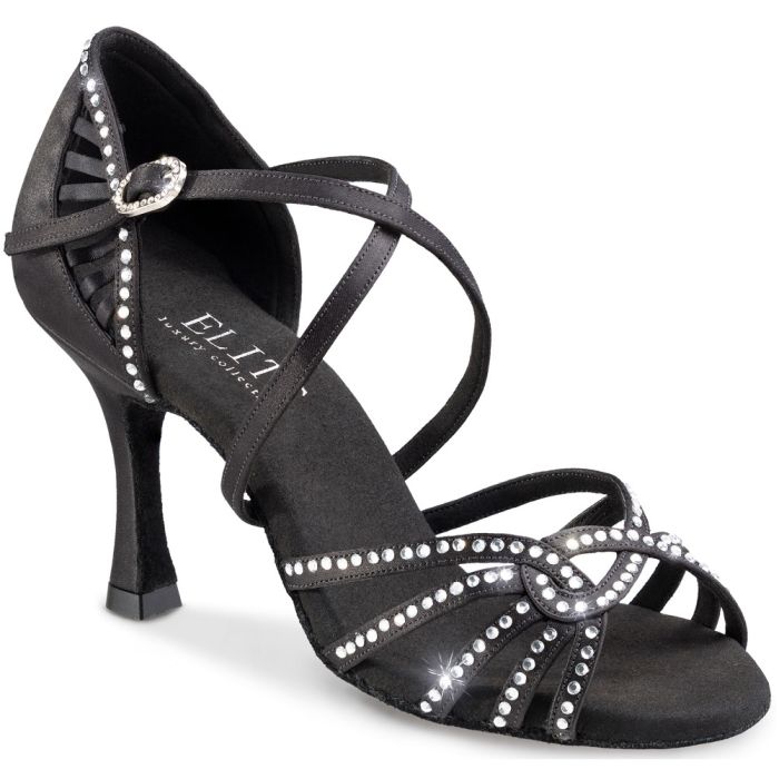 Elegant black dance shoe Elite Eris with crystal embellishments and stylish cross straps for enhanced support.