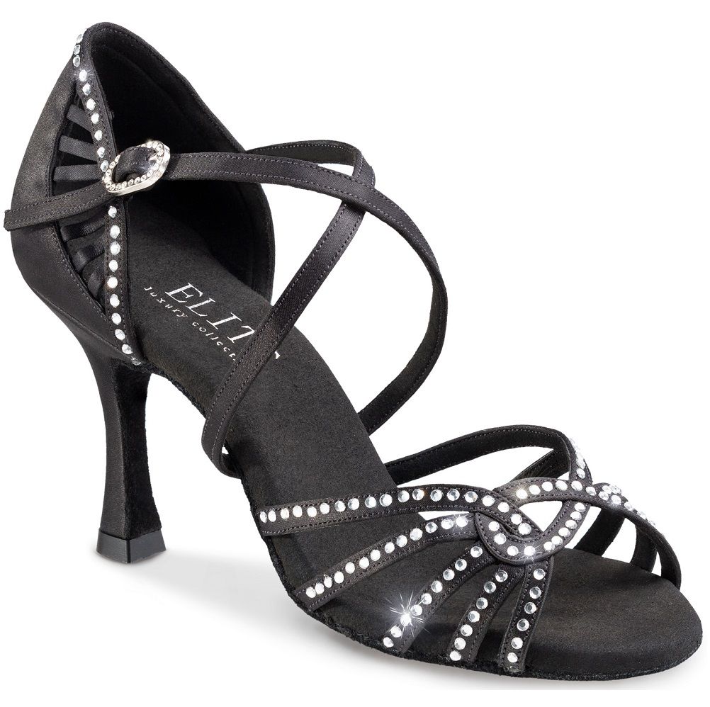 Elegant black sandal with crystal embellishments and a stylish heel, designed for comfort and stability.