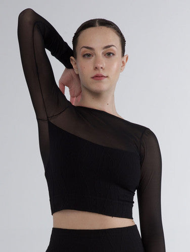 SEAMLESS CROP TOP WITH LONG TULLE SLEEVES AND V-NECK