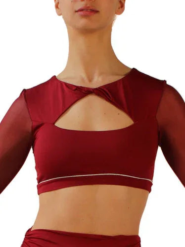 SILK CROP TOP WITH SILVER INSERT AND LONG TULLE SLEEVES - Miss Salsa