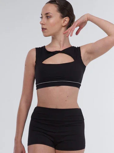 SILK EFFECT CROP TOP WITH KNOTTED NECKLINE AND SILVER INSERT - Miss Salsa