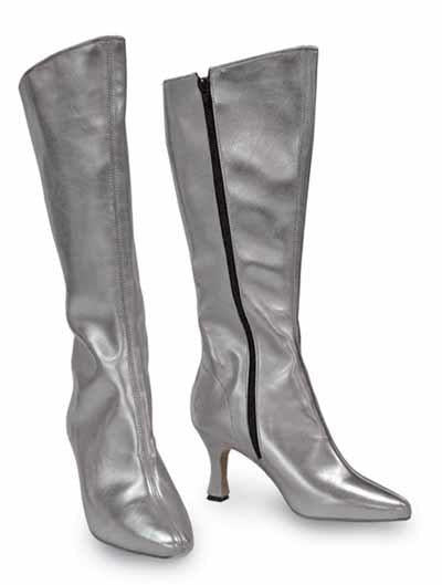 Silver knee-high boots with a pointed toe and side zipper, perfect for stylish footwear choices.