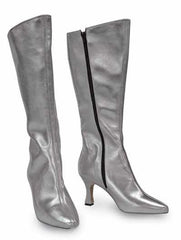 Silver knee-high boots with a pointed toe and side zipper, perfect for stylish footwear choices.