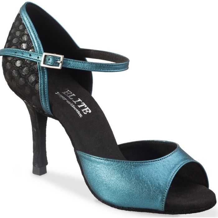 Elegant teal ballroom dance shoe with open toe and ankle strap, perfect for Latin dance styles.