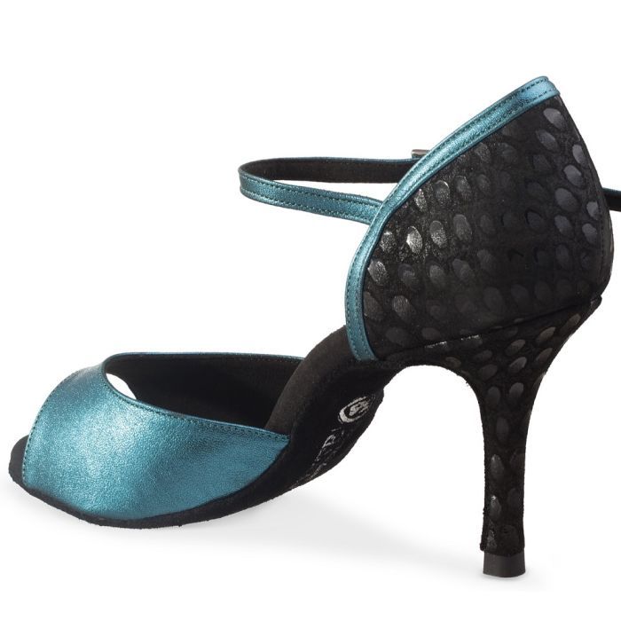 Elegant blue and black tango dance shoe with a sleek design and adjustable strap, featuring a stylish heel.