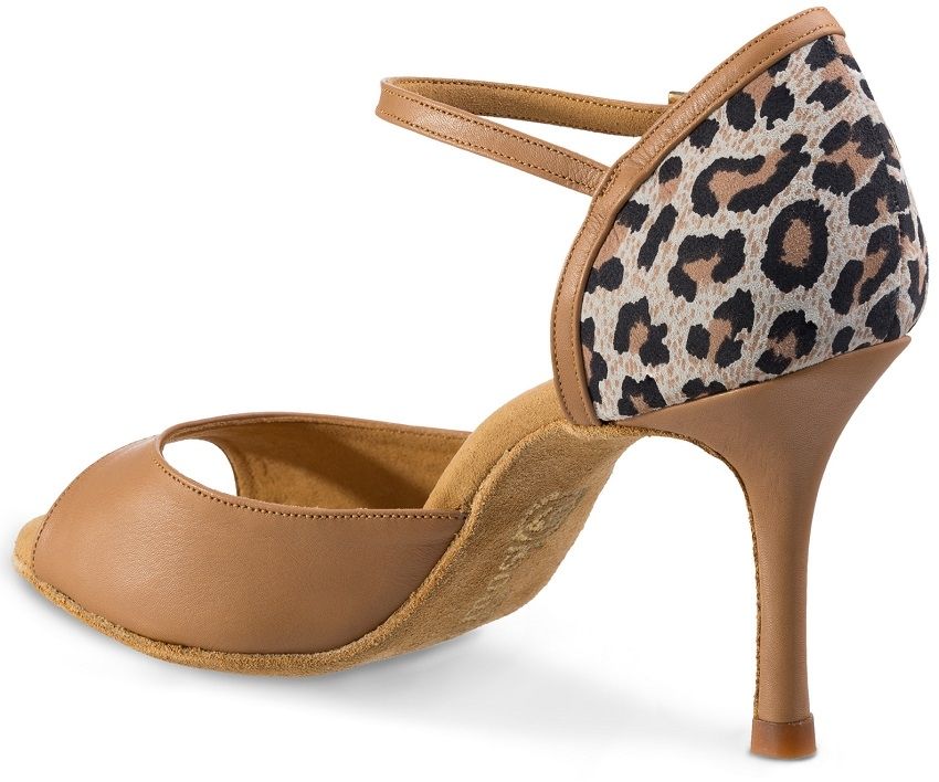 Elegant Rummos Gabi dance shoe featuring a leopard print back and a stylish open toe design, perfect for Latin dances.