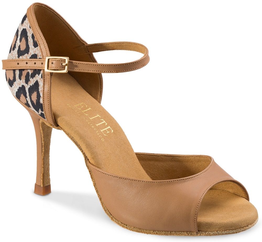 Elegant tan and leopard-print dance shoe with a high heel, perfect for Latin dance styles and special occasions.