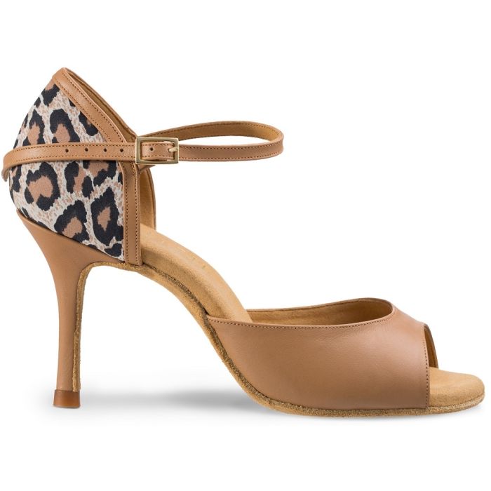 Elegant hand-crafted Rummos Gabi dance shoe with leopard print detail and high heel, perfect for Latin dancing.