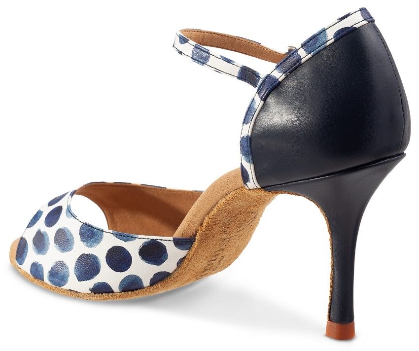 Elegant Rummos Gabi dance shoe with polka dots, black heel, and ankle strap, perfect for Latin dancing.