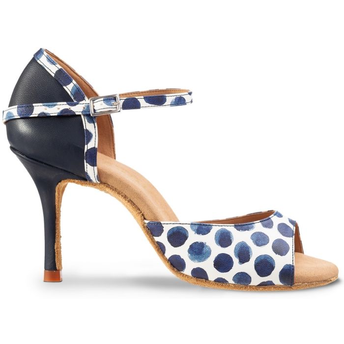 Elegant blue polka dot dance shoe with ankle strap, perfect for Latin dancing and handcrafted in Portugal.