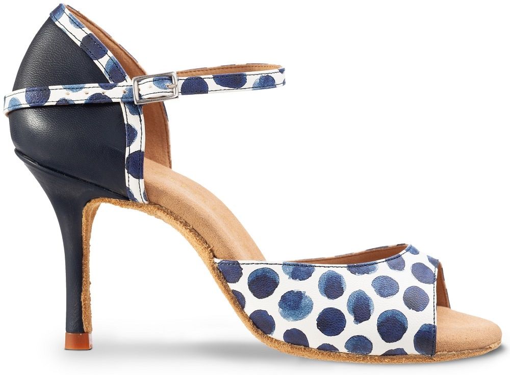 Stylish blue and white polka dot dance shoe with a high heel and ankle strap, perfect for Latin dancing.