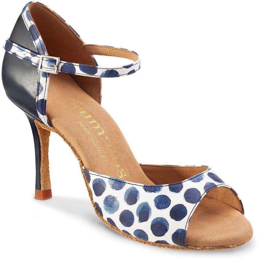 Elegant Rummos Gabi dance shoe in navy polka dots, hand-crafted for comfort in Latin dancing.