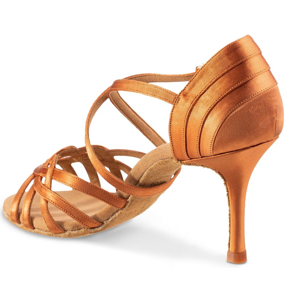 Handcrafted Elite Gaia dance sandal in bronze with elegant crisscross straps and a balanced heel for stability.