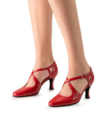 Werner Kern Ines red dance shoes with double T-straps and adjustable ankle bands, 6.5 cm heel for comfort.