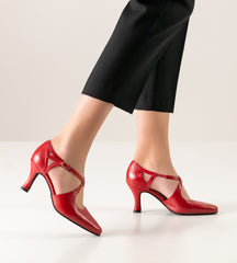 Elegant red Werner Kern Ines dance shoes with double T-straps and adjustable ankle bands, showcasing a stylish 6.5 cm heel.