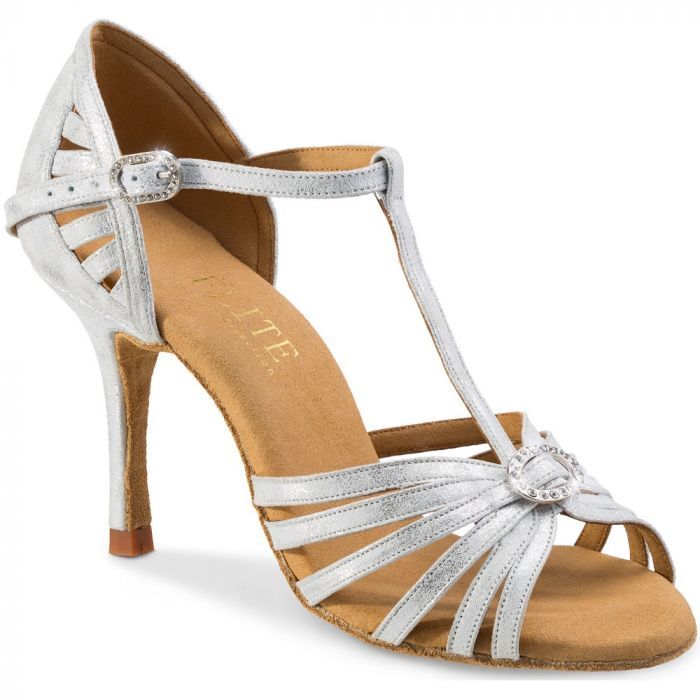 Stylish silver T-strap dance shoe with crystal detailing and comfortable heel, perfect for dance performances.