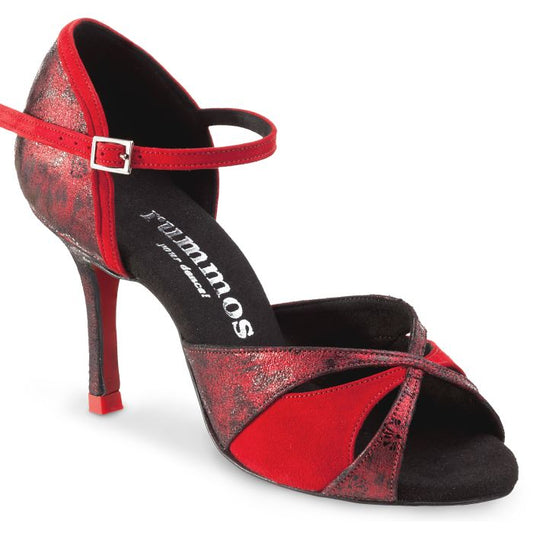 Elegant Rummos Kizomba 268-028 dance shoe in red and black, featuring a stylish open toe and elegant design.