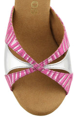 Stylish pink Latin sandal with metallic accents, featuring a comfortable cross-strap design for dance enthusiasts.