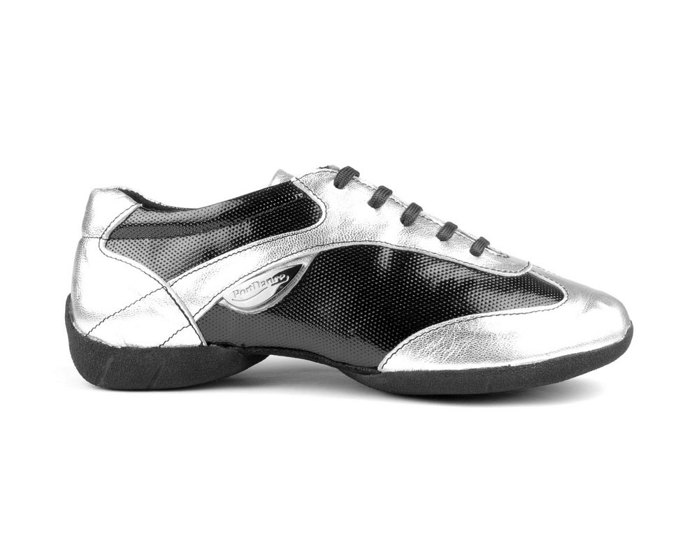 PortDance PD06 Fashion shoes in silver and black leather, designed for dance and daily wear with a lightweight structure.