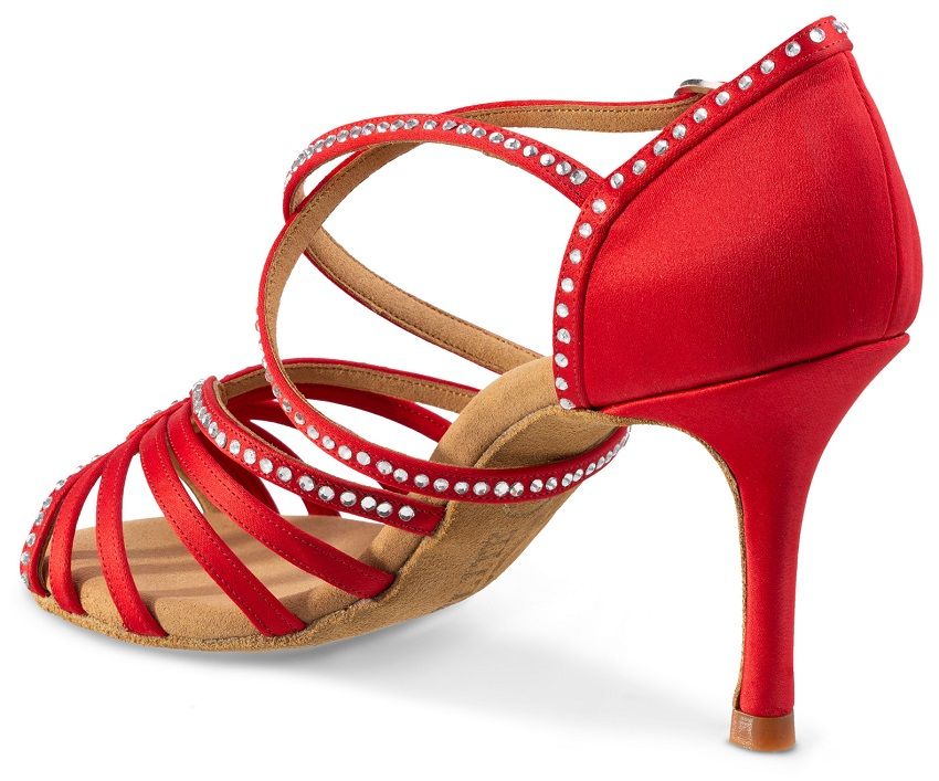 Red satin dance sandals with crystal embellishments, providing comfort and stability for Salsa and Tango dancing.