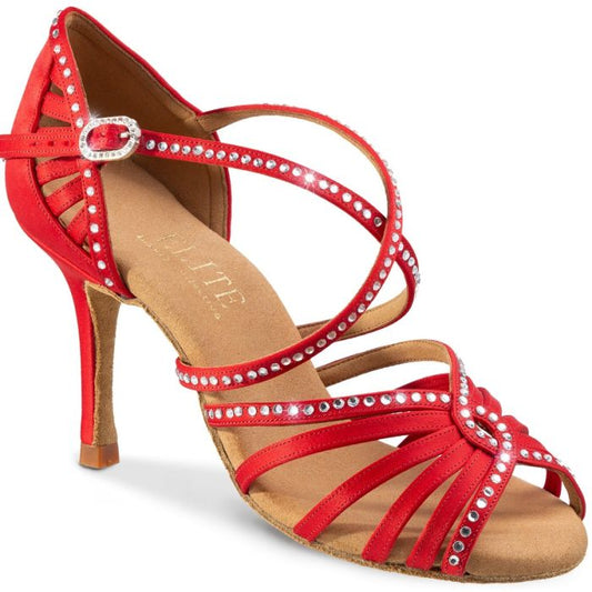 Red satin sandals with crystals, ideal for Salsa, Tango, and Kizomba dancing, offering comfort and support.