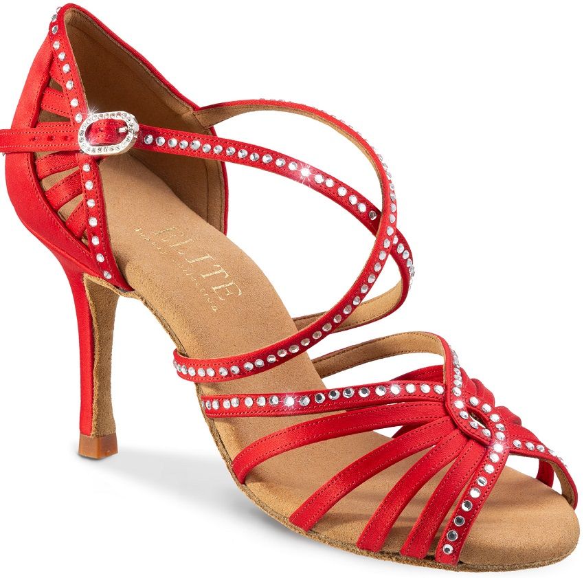 Elite Luna red satin dance sandals with crystals, perfect for Salsa, Tango, and Kizomba, featuring great comfort and support.