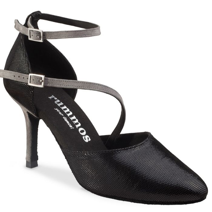 Rummos Mireia 061-240 handgemaakte dansschoen in zwart nubuck en grijs leer voor ballroom en tango.