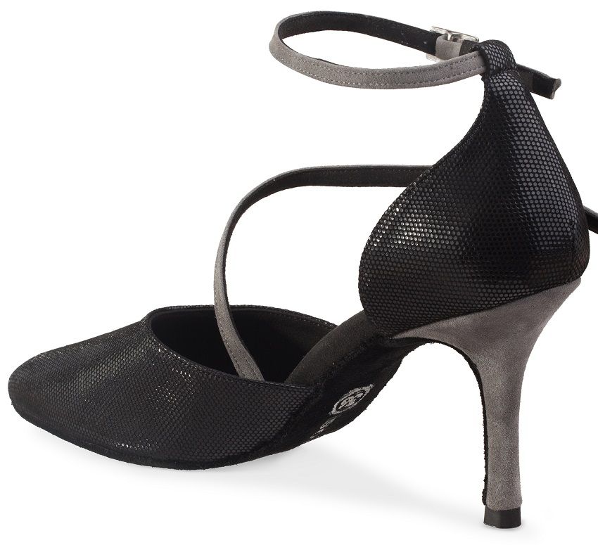 Rummos Mireia 061-240 handgemaakte dansschoen met zwarte nubuck en grijs leren details, perfect voor ballroom en tango.