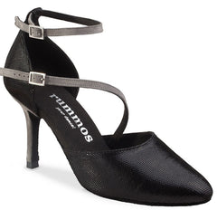 Rummos Mireia 061-240 handgemaakte dansschoen in zwart nubuck en grijs leer met hoge hakken. Perfect voor ballroom en tango.