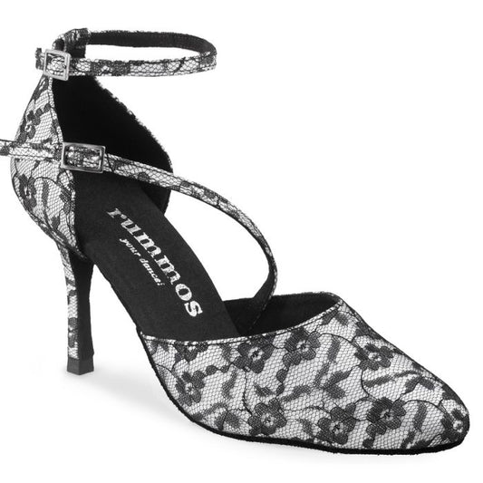 Rummos Mireia 114 black lace dance shoes with high heel and ankle strap for stylish comfort during performances.