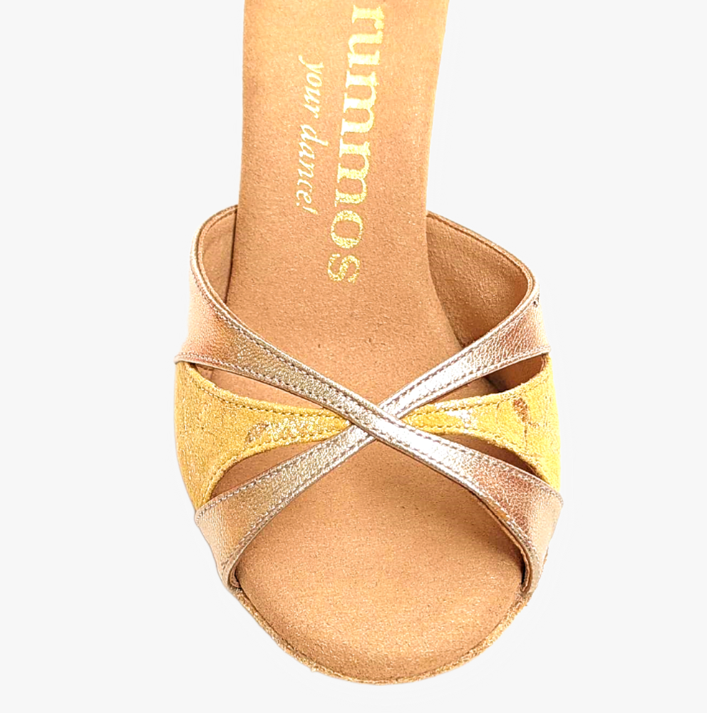 Elite Paloma Platinium sandal with gold and silver cross strap design, featuring soft cushioning and premium materials.